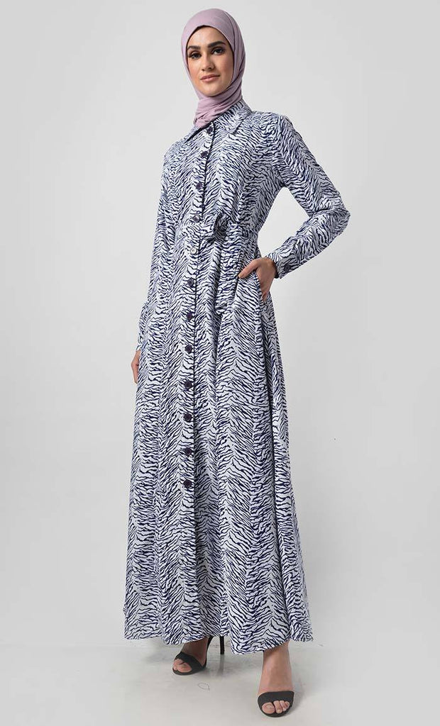 Waves On Shore Printed Chiffon Abaya Dress -Fully lined Modest - EastEssence.com
