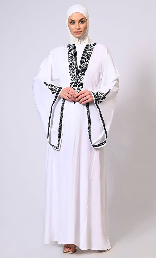 White Abaya with Bell Sleeves adorned in Hand & Machine Embroidery - EastEssence.com