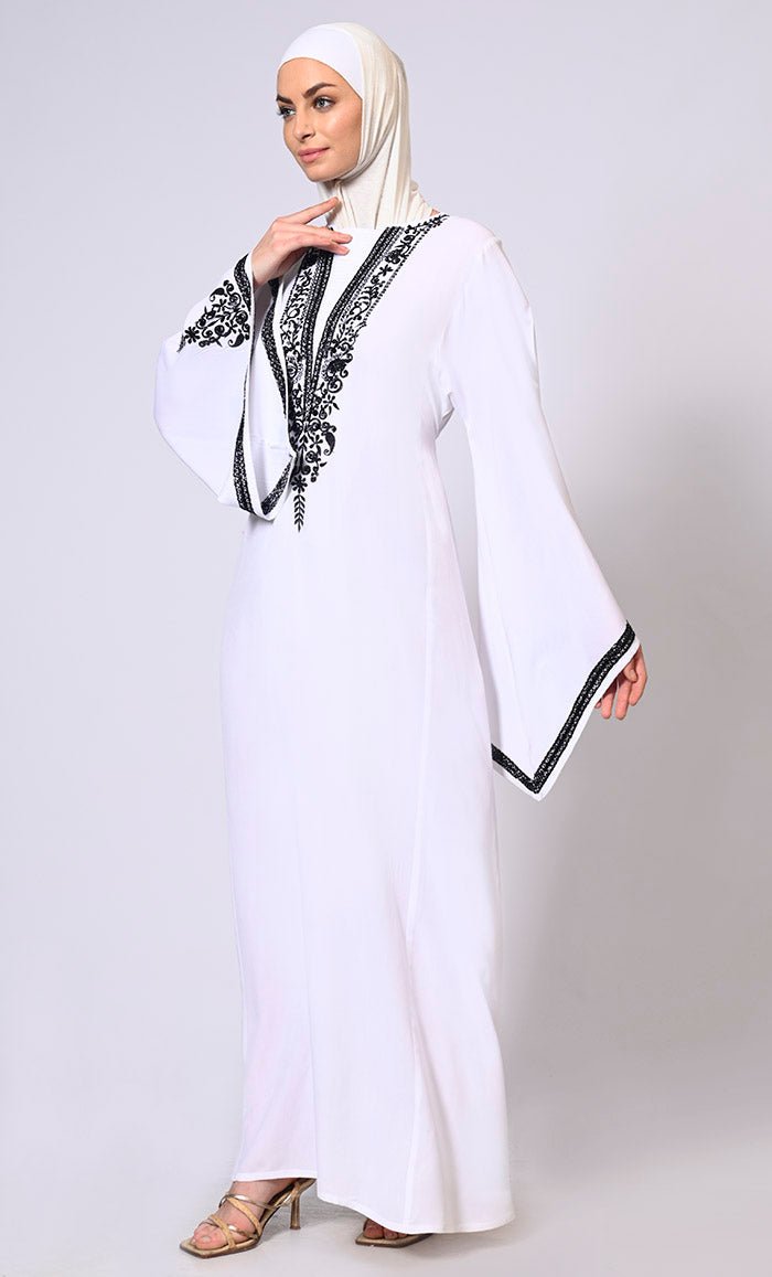 White Abaya with Bell Sleeves adorned in Hand & Machine Embroidery - EastEssence.com