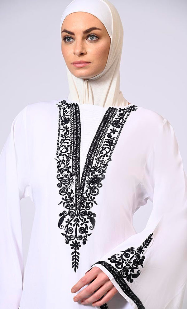 White Abaya with Bell Sleeves adorned in Hand & Machine Embroidery - EastEssence.com