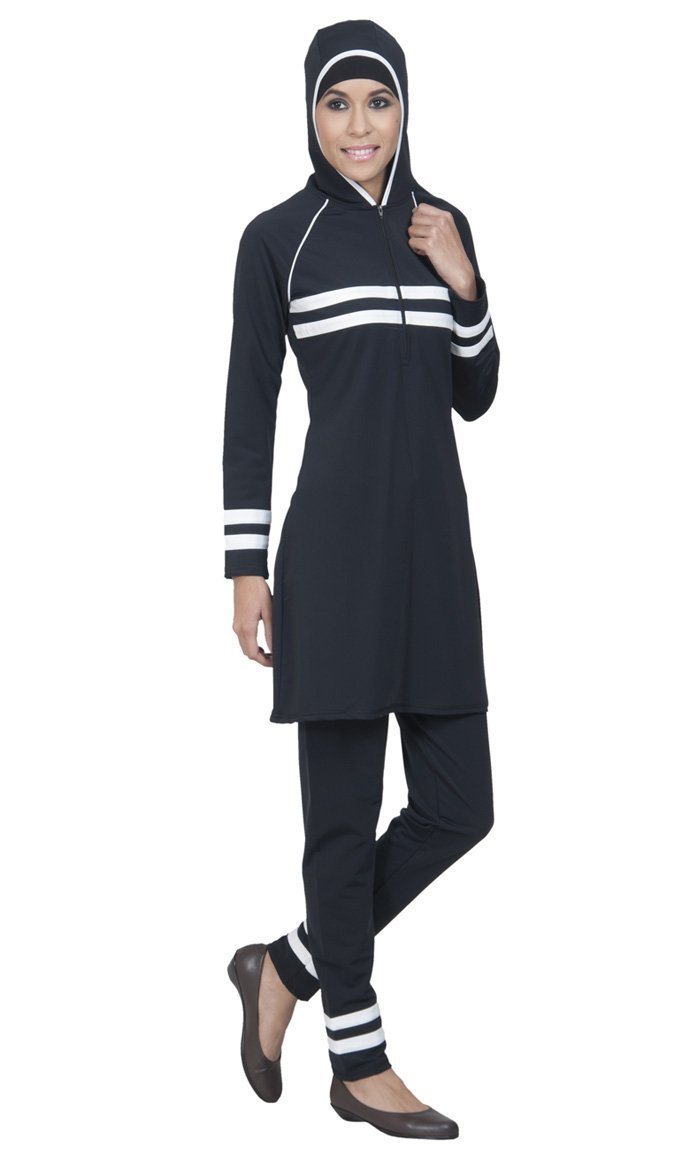 White And Black Accents Front Zipper Swimwear Burkini Two Piece Set - EastEssence.com