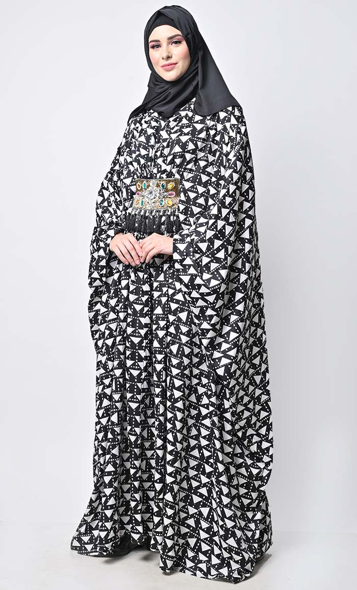 White And Black Printed Applique Work Detailing Full Flairy Kaftan - EastEssence.com
