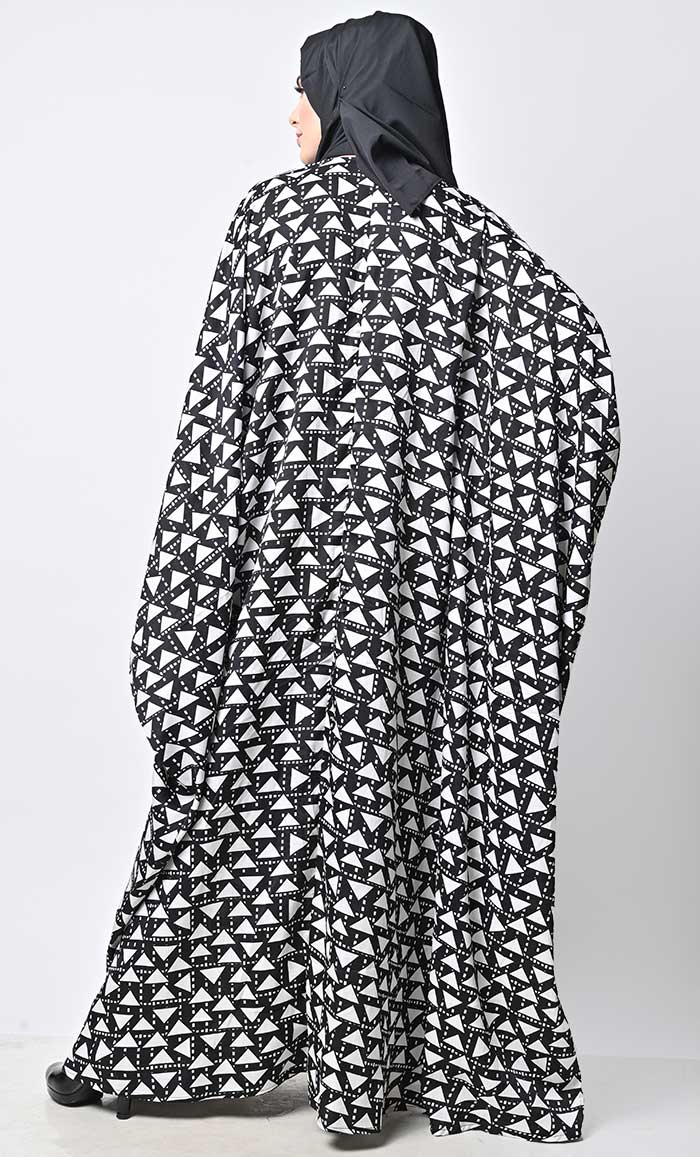 White And Black Printed Applique Work Detailing Full Flairy Kaftan - EastEssence.com