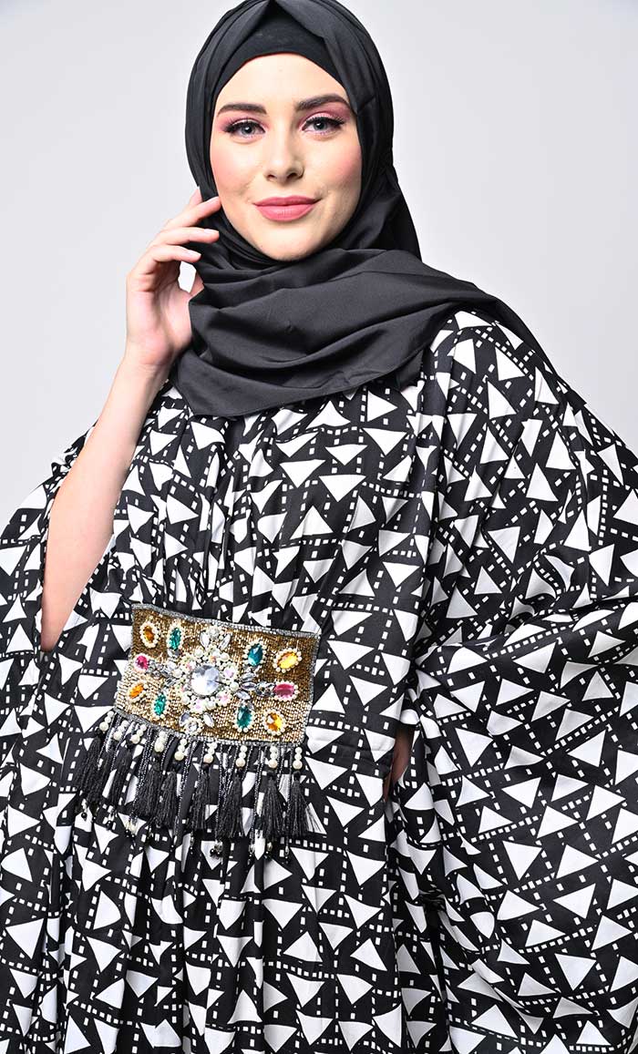 White And Black Printed Applique Work Detailing Full Flairy Kaftan - EastEssence.com