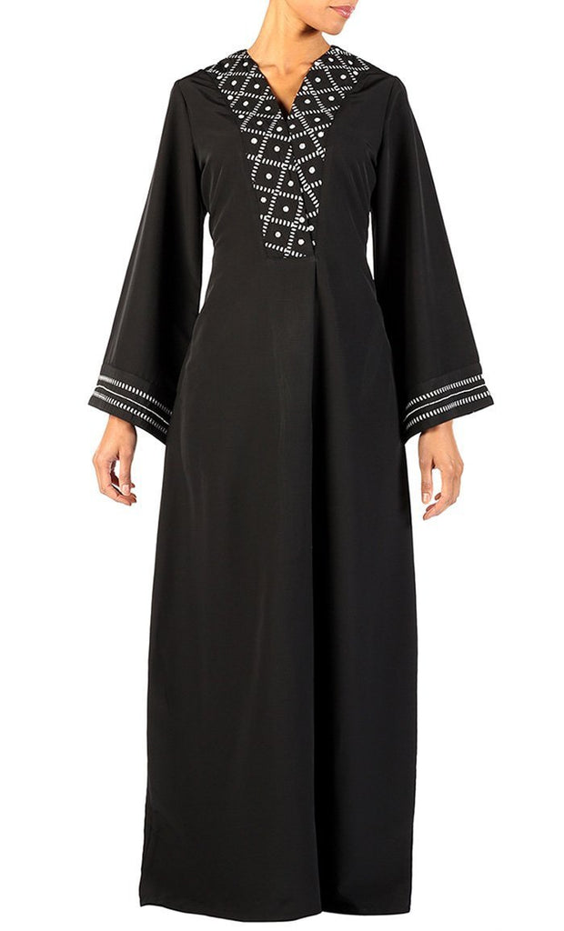 White Checkered Applique Work Flared Muslimah Abaya Dress - EastEssence.com