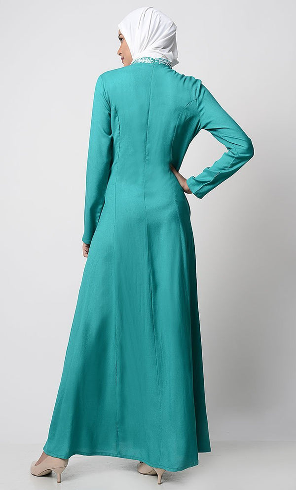 White-Color Thread Embroidered Abaya-Teal - EastEssence.com