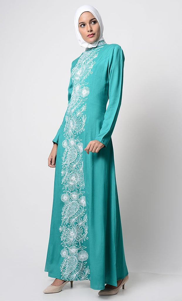 White-Color Thread Embroidered Abaya-Teal - EastEssence.com