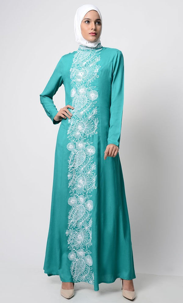 White-Color Thread Embroidered Abaya-Teal - EastEssence.com