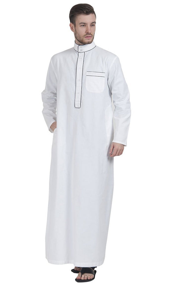 White DishDasha with Black Piping - EastEssence.com