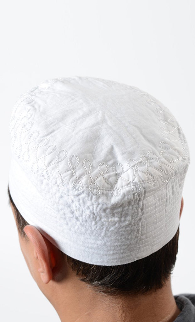 White Embroidered Cotton Kufi - EastEssence.com