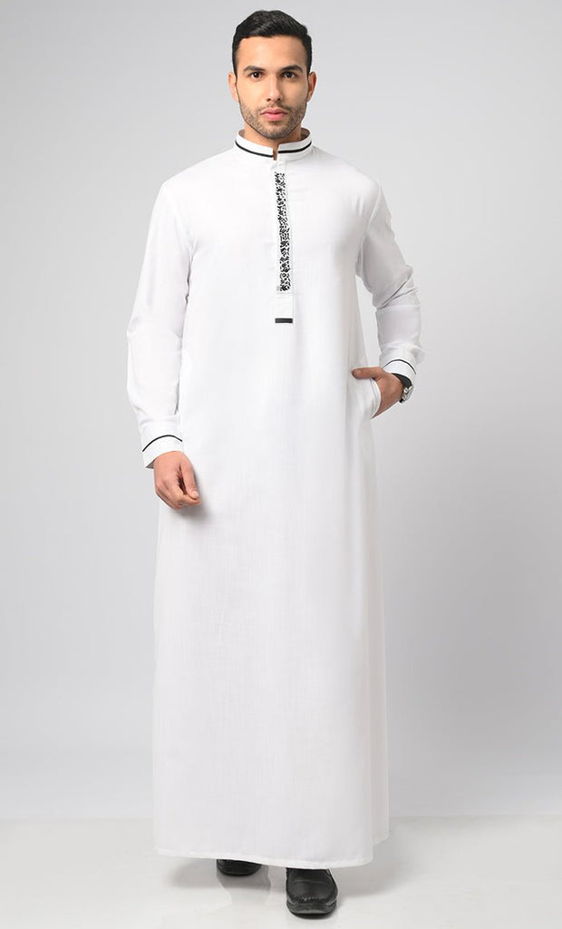 White Formal Modern Thobe / Jubba With Contrasting Black Embroidered Detail - EastEssence.com