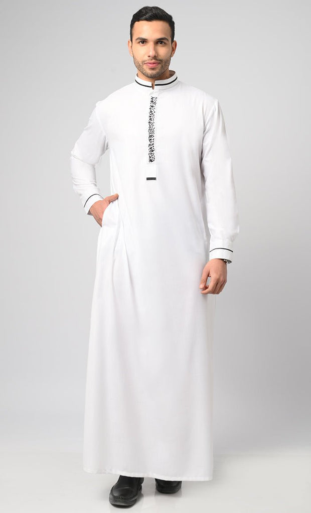 White Formal Modern Thobe / Jubba With Contrasting Black Embroidered Detail - EastEssence.com
