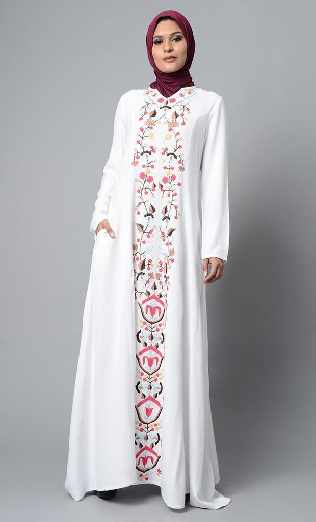 White Front Embroideried Abaya Dress