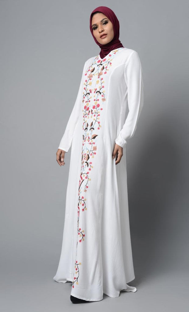 White Front Embroideried Abaya Dress