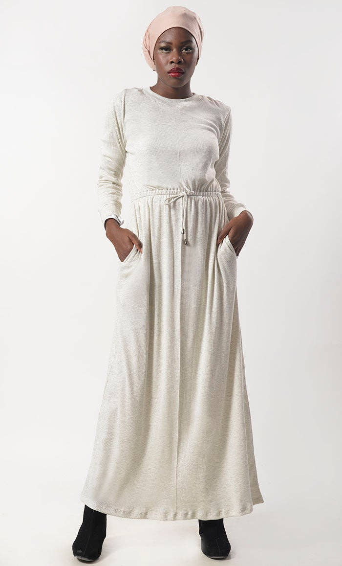 White Jersey Drawstring Attached Abaya - EastEssence.com