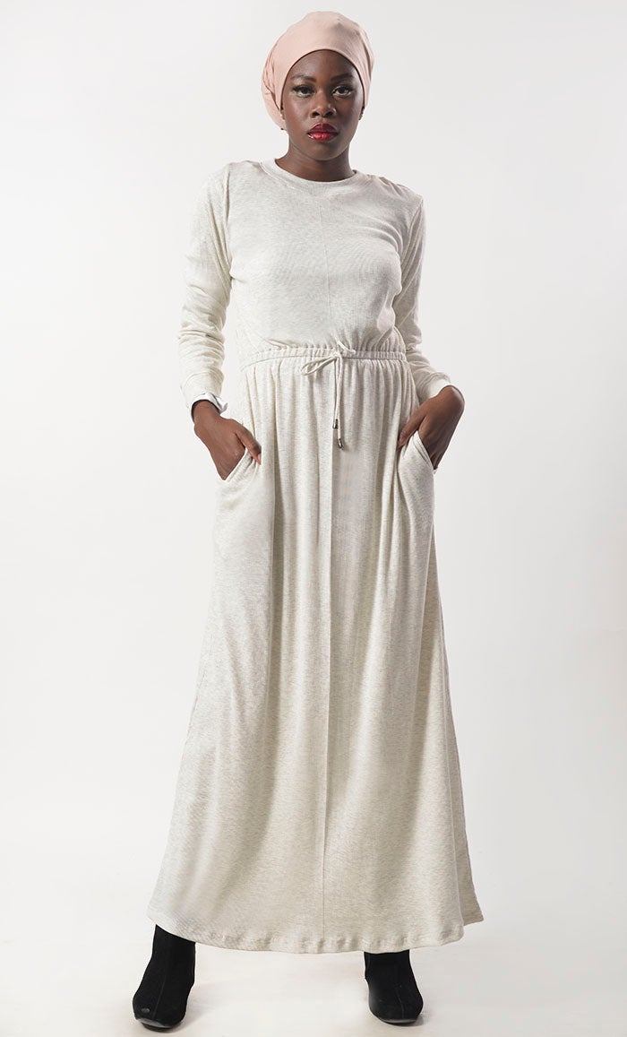 White Jersey Drawstring Attached Abaya - EastEssence.com