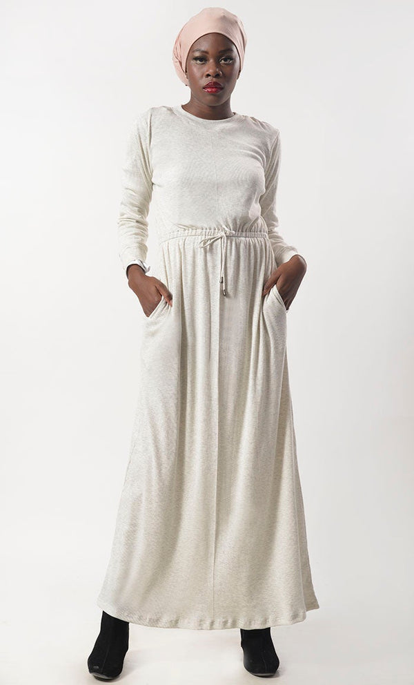 White Jersey Drawstring Attached Abaya - EastEssence.com
