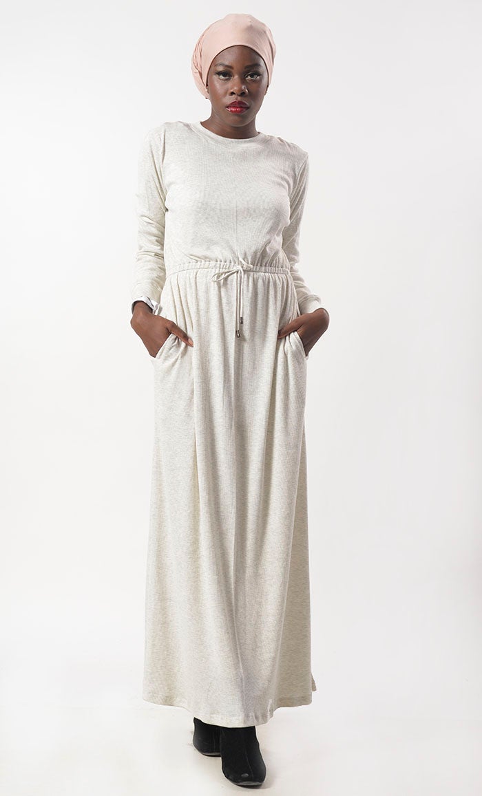 White Jersey Drawstring Attached Abaya - EastEssence.com