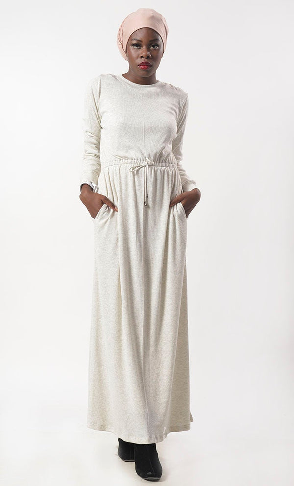 White Jersey Drawstring Attached Abaya - EastEssence.com