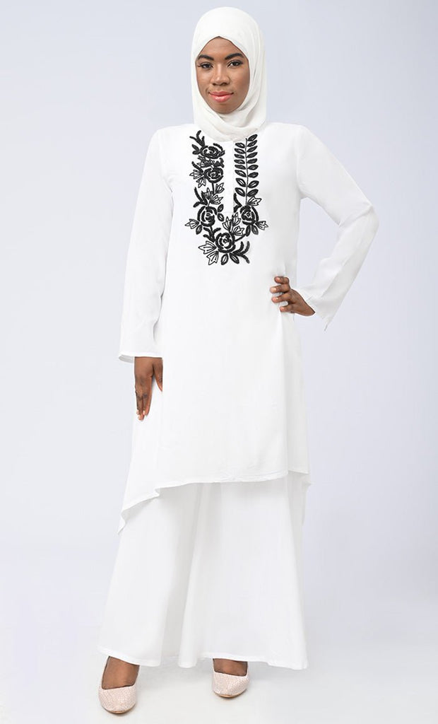 White Modest Islamic Embroidered Set With Hijab And Pockets - EastEssence.com