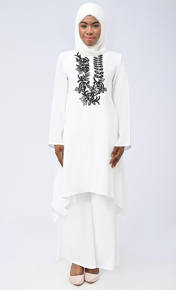 White Modest Islamic Embroidered Set With Hijab And Pockets - EastEssence.com