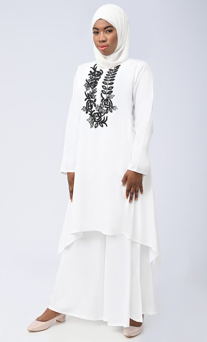 White Modest Islamic Embroidered Set With Hijab And Pockets - EastEssence.com