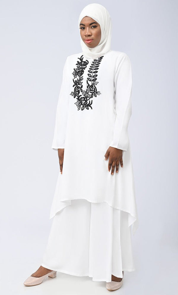 White Modest Islamic Embroidered Set With Hijab And Pockets - EastEssence.com
