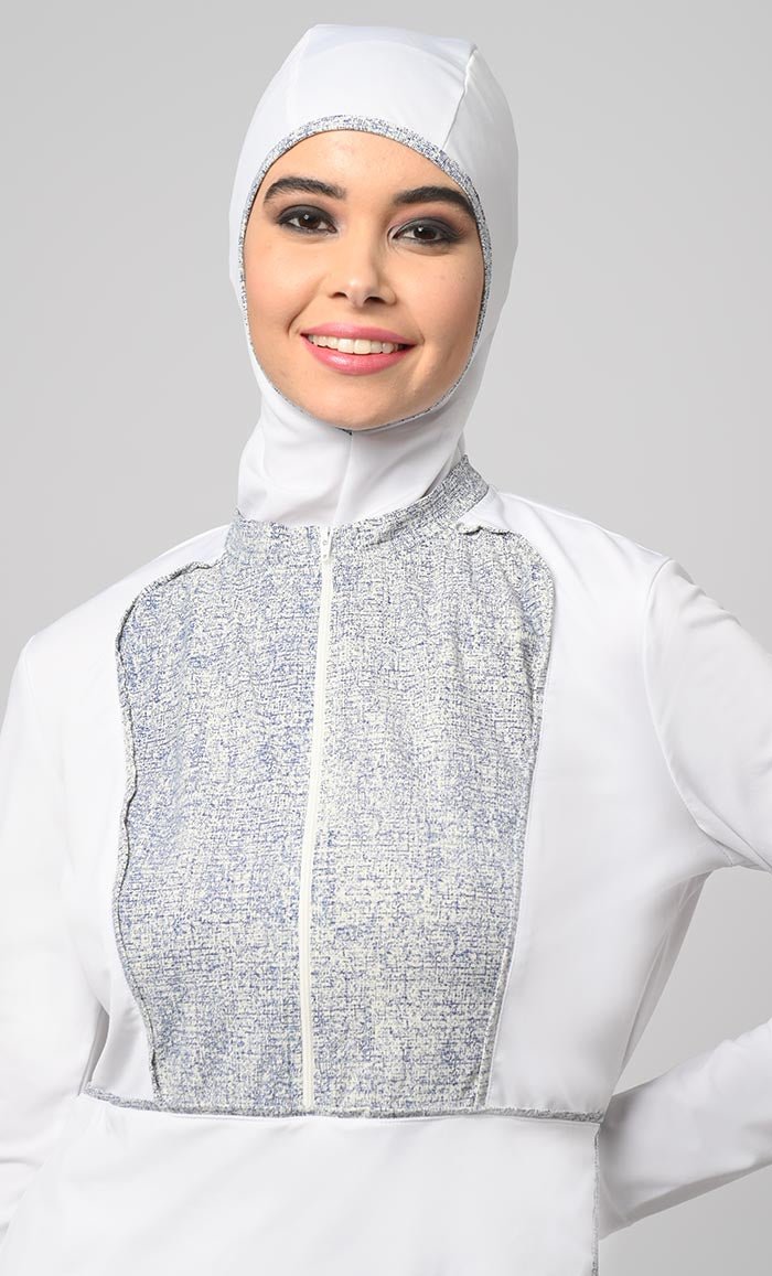 White Overlap Modest Printed Yoke Detailing Swim Suit With Cap - EastEssence.com