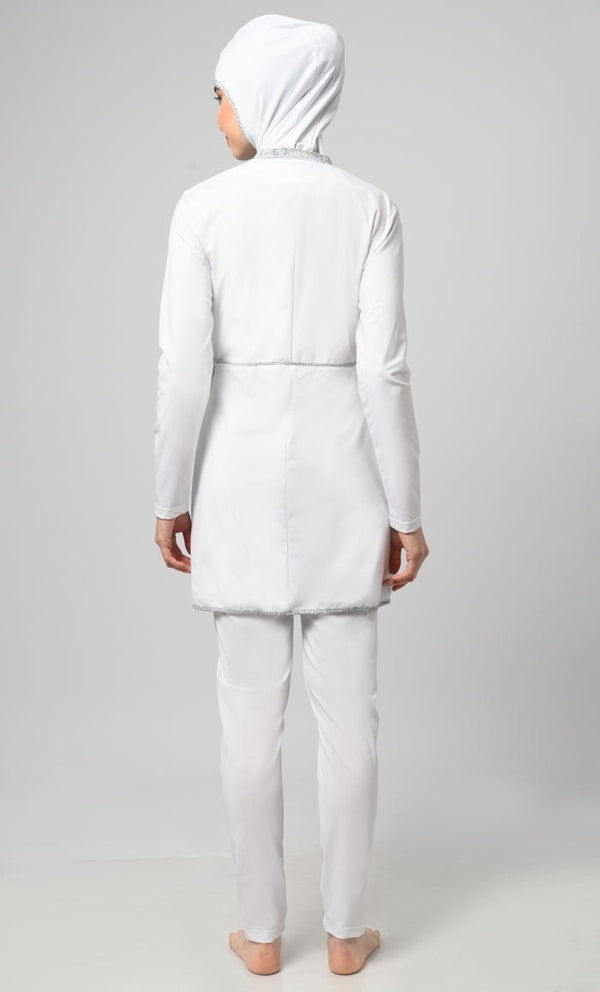 White Overlap Modest Printed Yoke Detailing Swim Suit With Cap - EastEssence.com