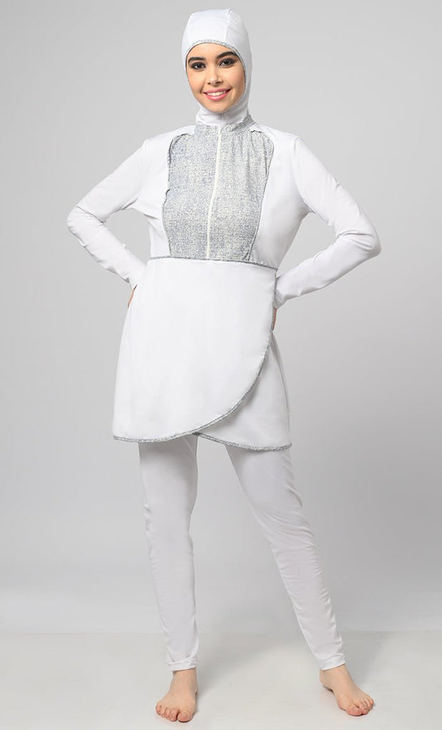 White Overlap Modest Printed Yoke Detailing Swim Suit With Cap - EastEssence.com