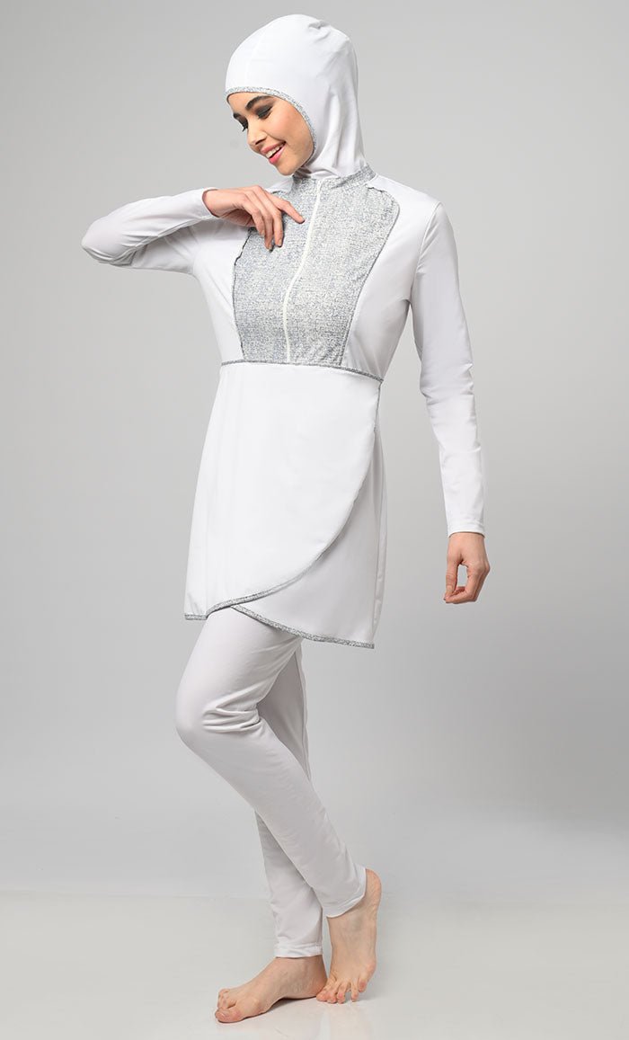 White Overlap Modest Printed Yoke Detailing Swim Suit With Cap - EastEssence.com