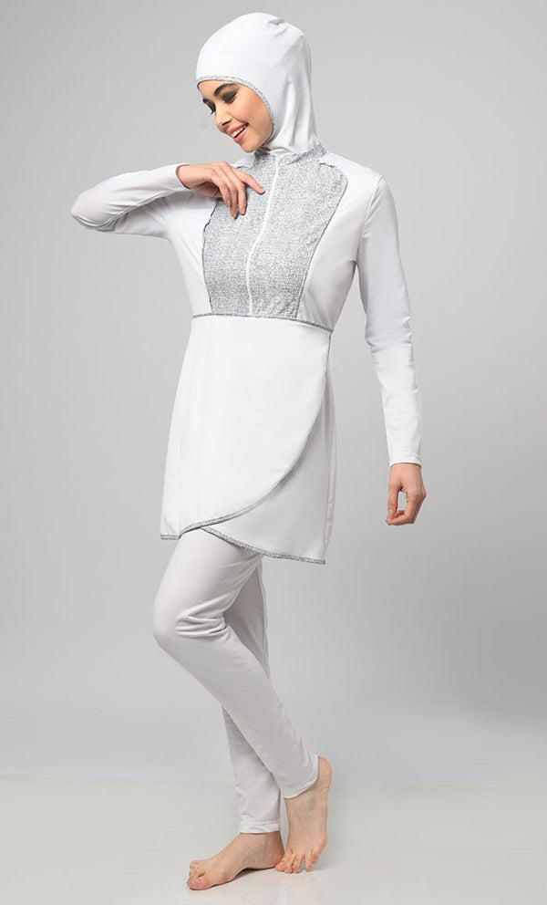 White Overlap Modest Printed Yoke Detailing Swim Suit With Cap - EastEssence.com