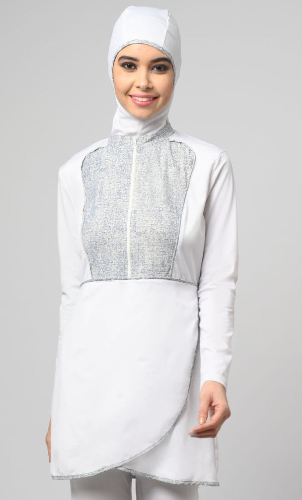 White Overlap Modest Printed Yoke Detailing Swim Suit With Cap - EastEssence.com