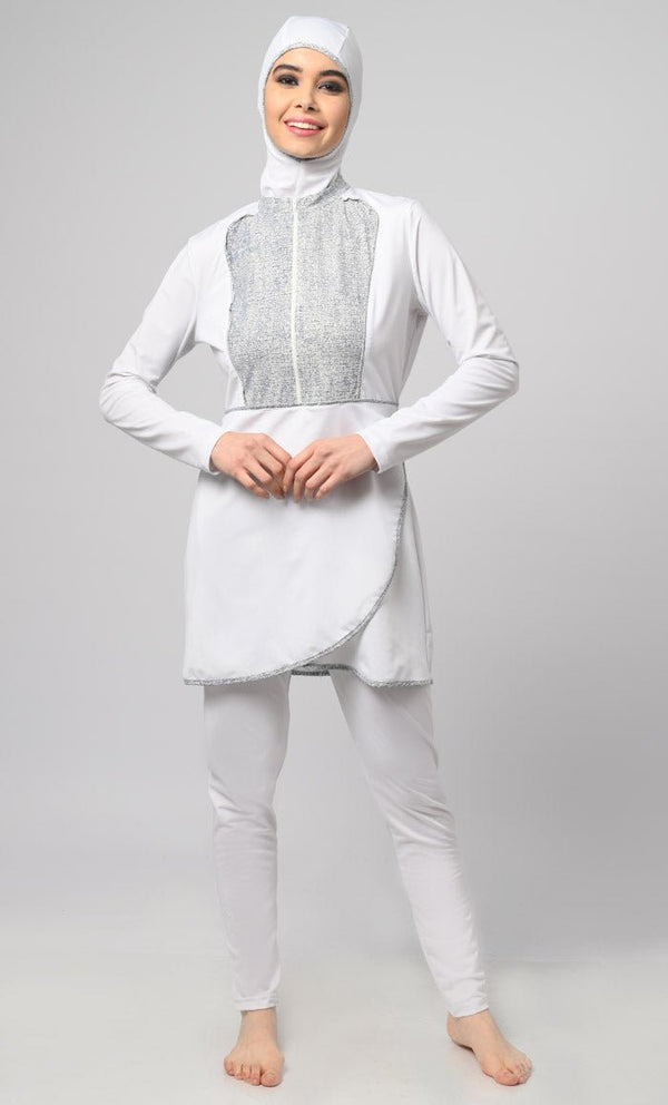 White Overlap Modest Printed Yoke Detailing Swim Suit With Cap - EastEssence.com