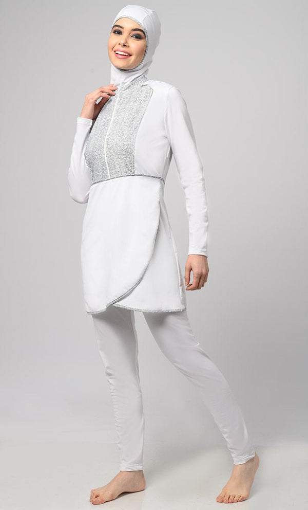 White Overlap Modest Printed Yoke Detailing Swim Suit With Cap - EastEssence.com