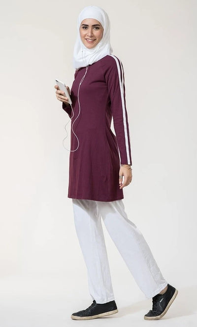 White Striped Long Active Wear Women Tunic Top - Navy - EastEssence.com