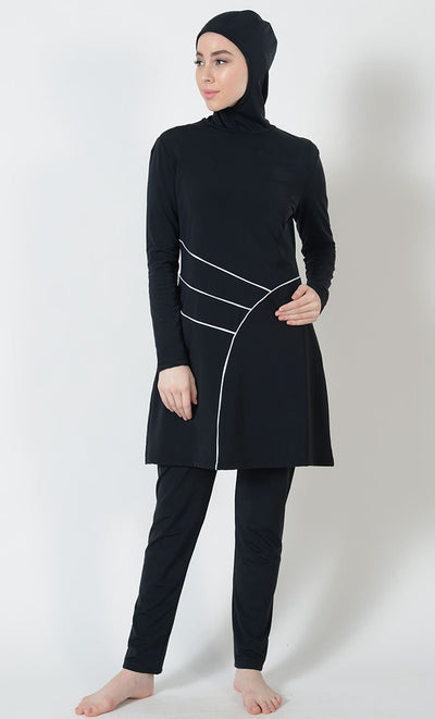 White Trim Swimwear Burkini Three Piece Set - EastEssence.com
