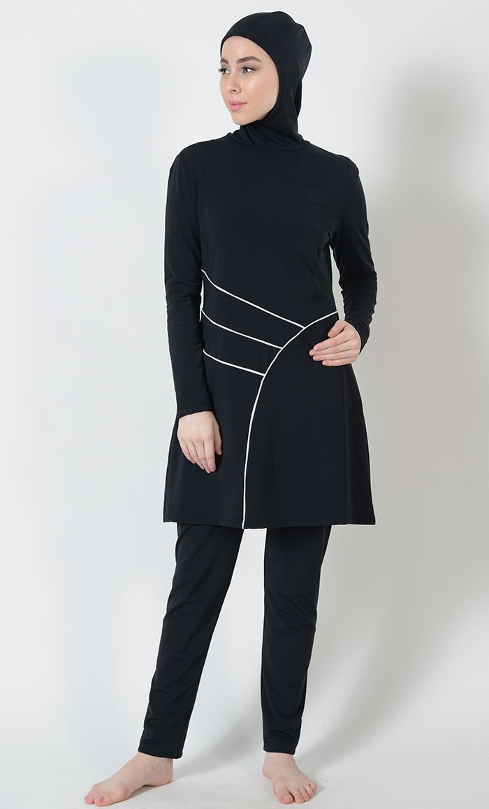 White Trim Swimwear Burkini Three Piece Set - EastEssence.com