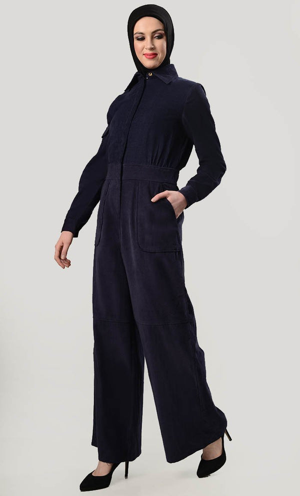 Wide Leg Utility Corduroy Jumpsuit - EastEssence.com
