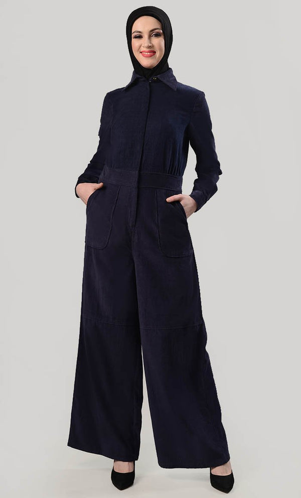 Wide Leg Utility Corduroy Jumpsuit - EastEssence.com