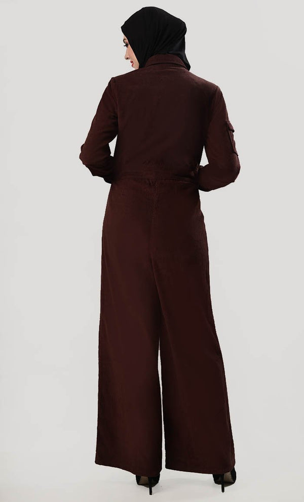 Wide Leg Utility Corduroy Jumpsuit - EastEssence.com