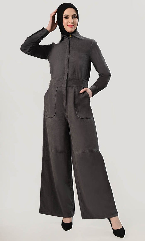Wide Leg Utility Corduroy Jumpsuit - EastEssence.com