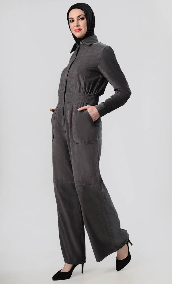 Wide Leg Utility Corduroy Jumpsuit - EastEssence.com