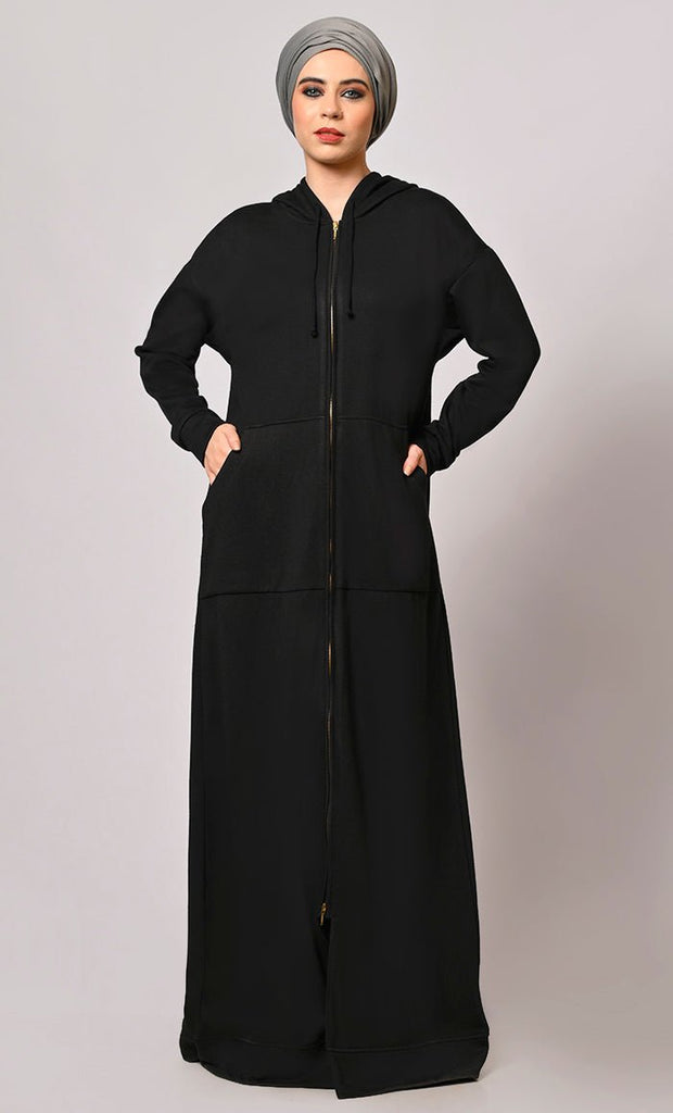 Winter Wardrobe Essential: Black Fleece Hooded Abaya - EastEssence.com