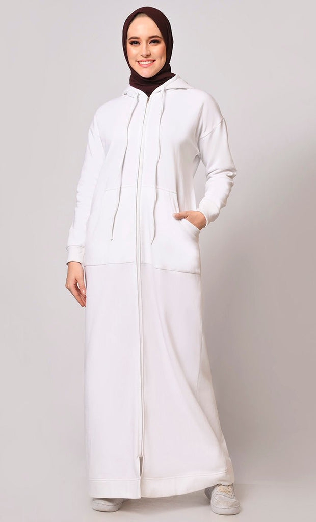 Winter Wardrobe Essential: White Fleece Hooded Abaya - EastEssence.com