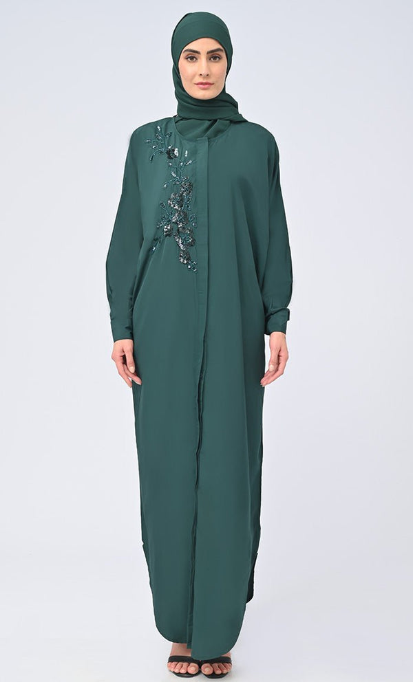 Women Islamic Umbrella Cut Kashibo Hidden Button Down Abaya - EastEssence.com