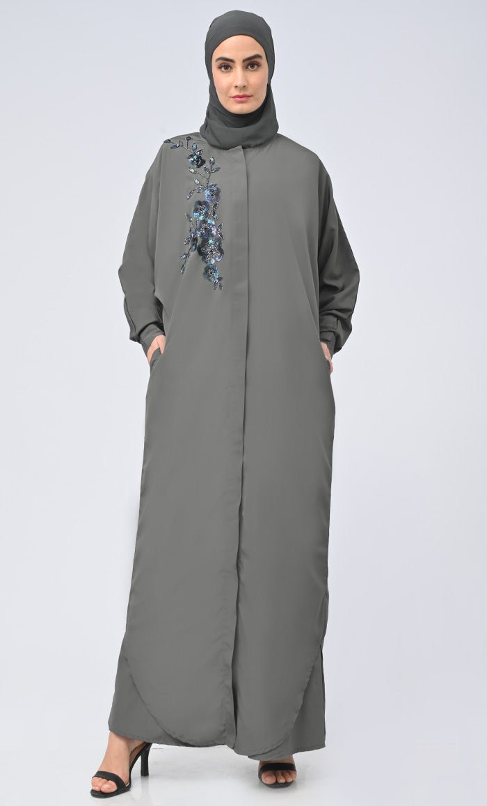 Women Modest Islamic Umbrella Cut Kashibo Hidden Button Down Abaya - EastEssence.com