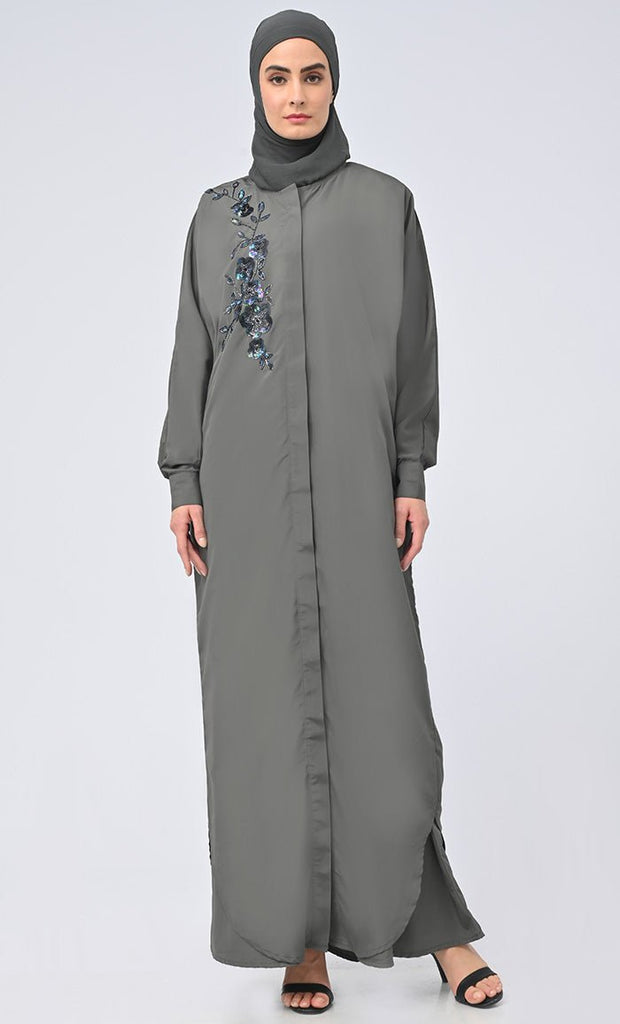 Women Modest Islamic Umbrella Cut Kashibo Hidden Button Down Abaya - EastEssence.com