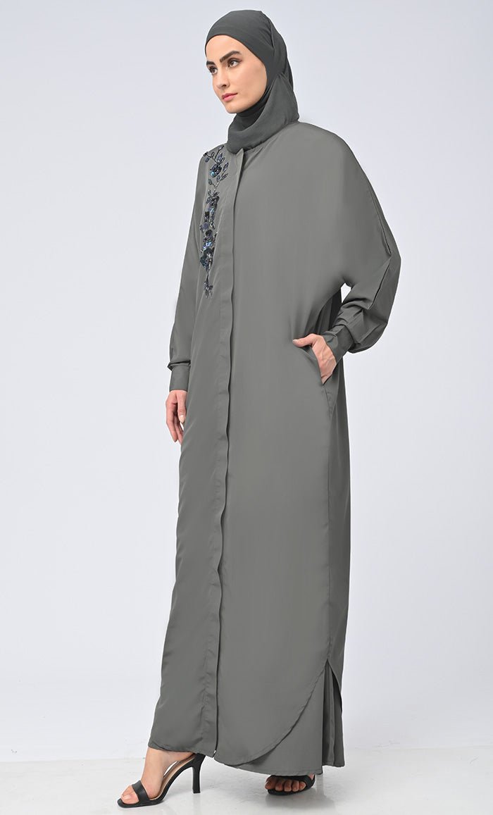 Women Modest Islamic Umbrella Cut Kashibo Hidden Button Down Abaya - EastEssence.com