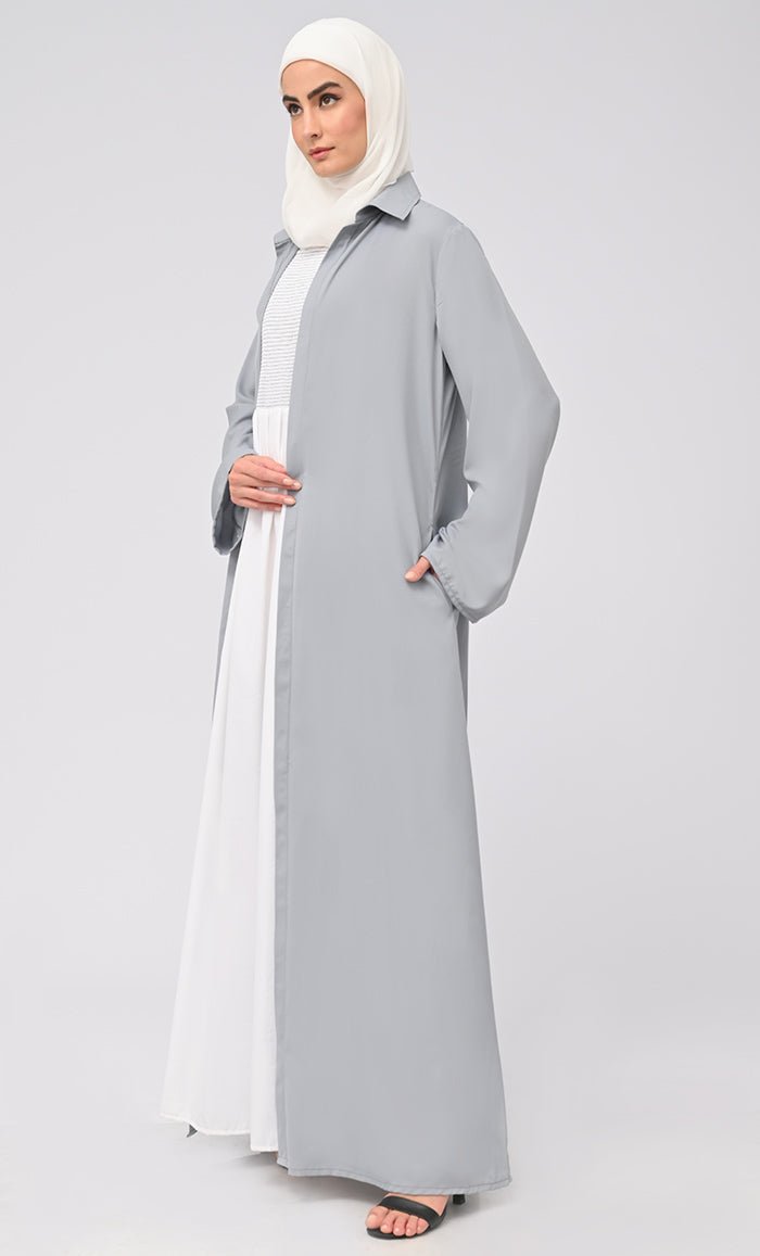 Women's Abaya With Smoking Detailing Inner And Button Down Bisht/Shrug With Pockets - EastEssence.com